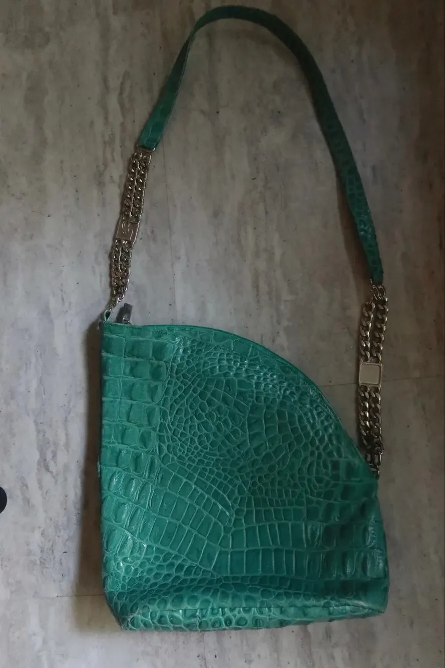 Vintage Teal Croc Chain Shoulder Bag